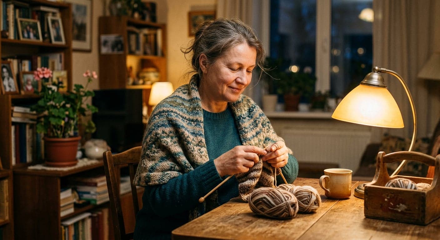Женщина около 50 лет вяжет вечером за деревянным столом при свете настольной лампы, на плечах тёплый плед, рядом клубки пряжи и чашка